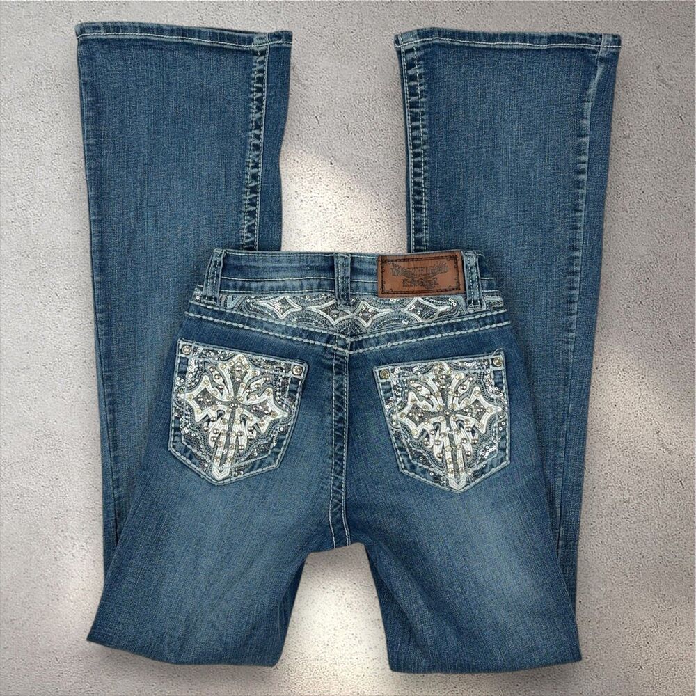 Westfield Eagle Cross Bootcut Jeans Juniors 0 Embroidered Rhinestone Y2K Western
